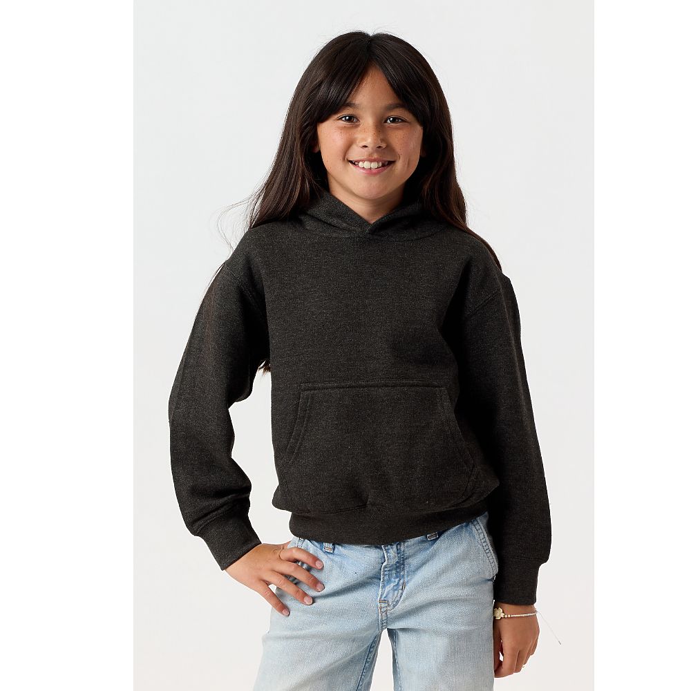 Youth Hoodie in Charcoal Heather on model