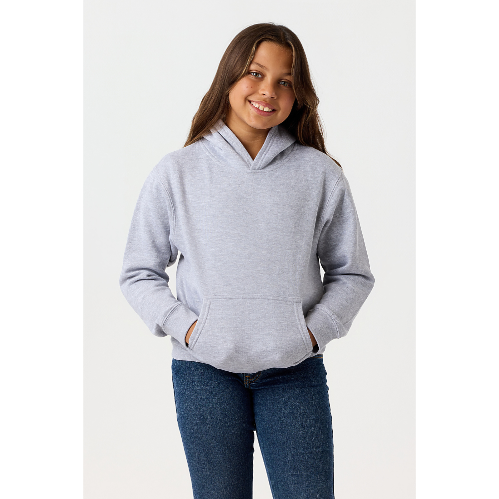 Youth Hoodie in Heather Grey on model