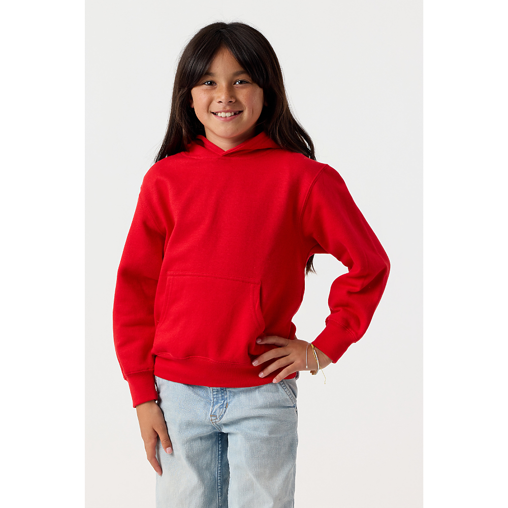 Youth Hoodie in Red on model