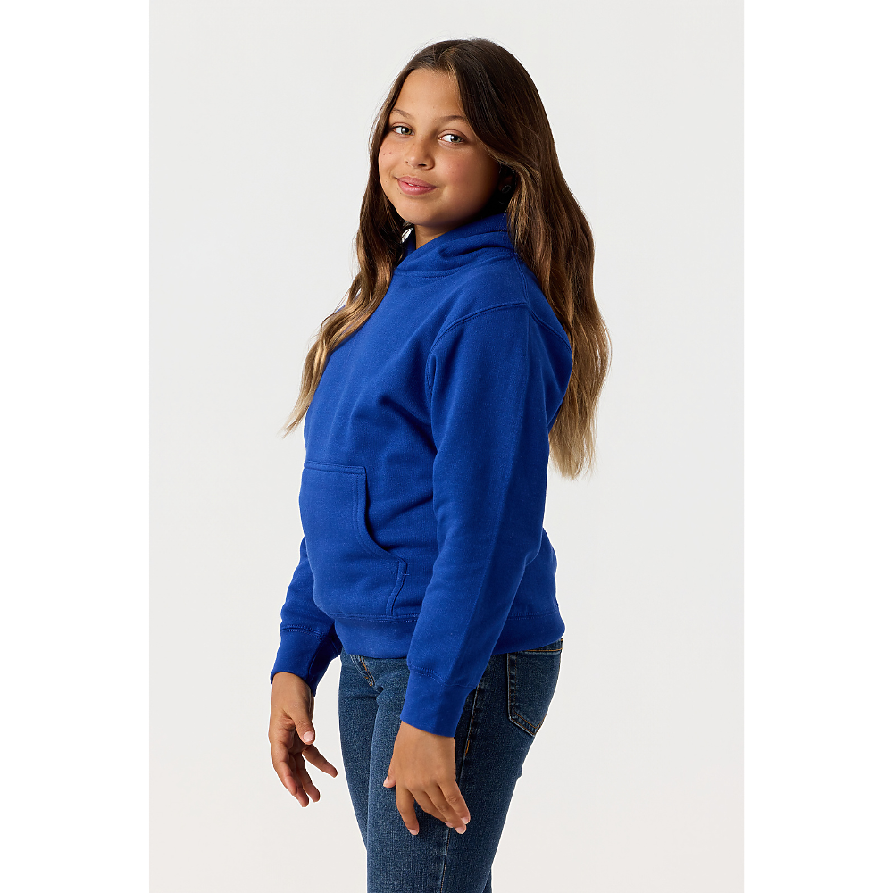 Youth model wearing a royal blue hoodie