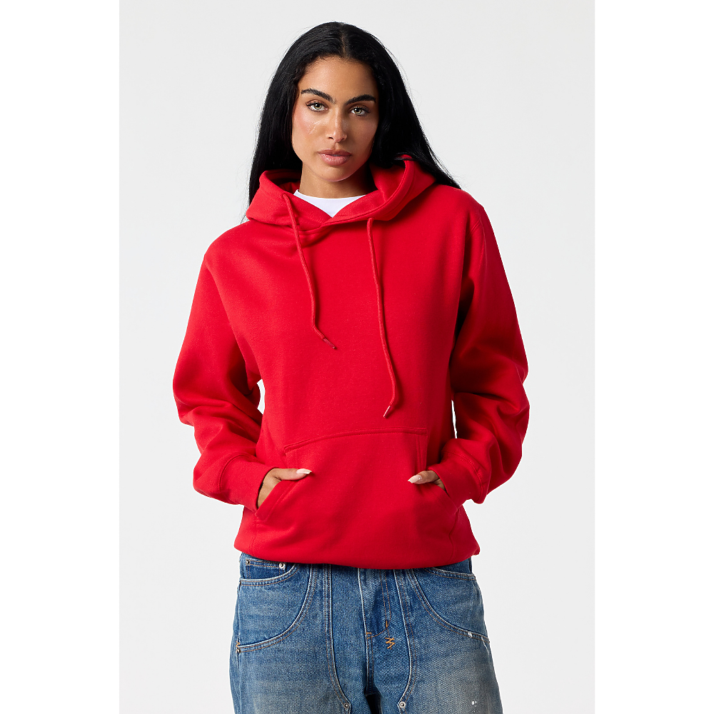 Model wearing a red Premium Hoodie