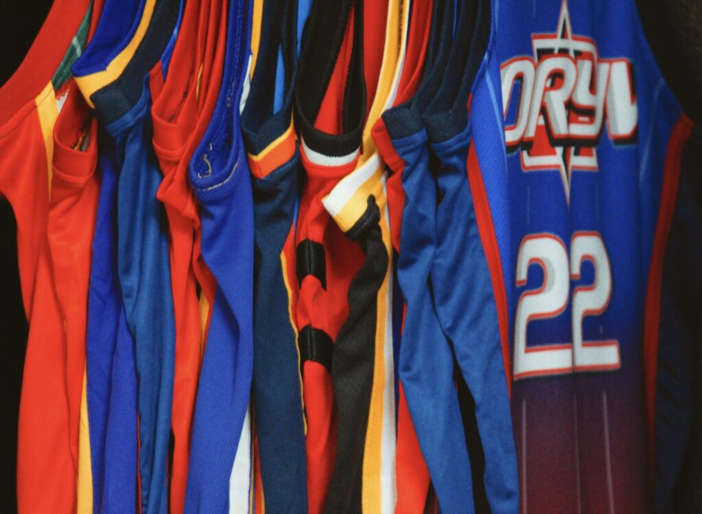 Blue and red team jerseys
