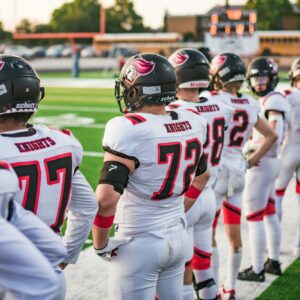 Football team walking onto the field in matching jerseys