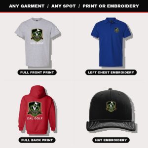 Gray tee with full front print, royal polo with left chest embroidery, red hoodie with full back print and a black trucker hat with front embroidery, all branded DAL Golf